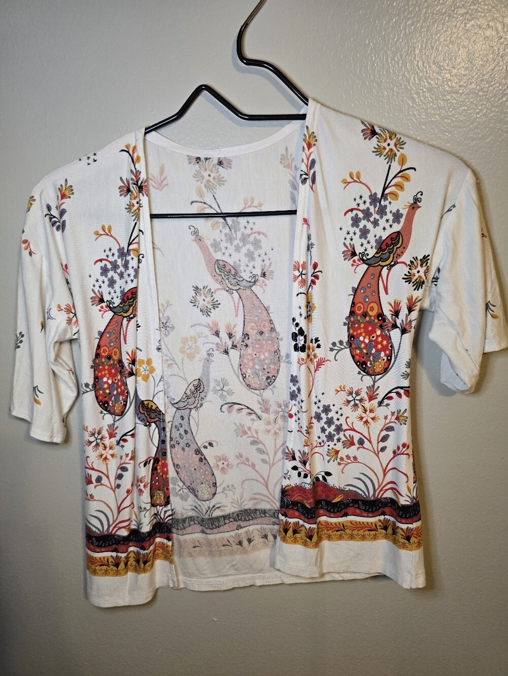 White Floral Paisley Open Front Kimono Cardigan
